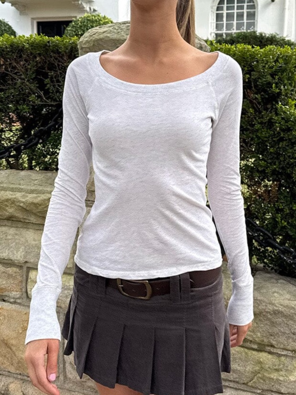 Brandy Melville White Long Sleeve Scoop Neck Tee